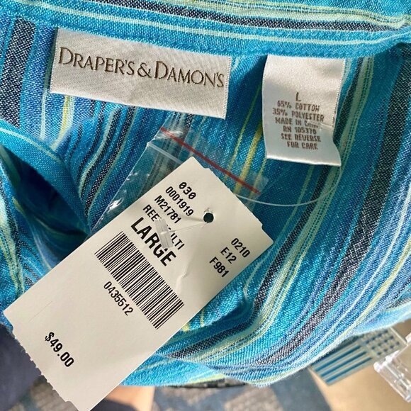 Draper's & Damon's Button Up Top Blue Yellow Stripes Women's Size Large NEW NWT - Picture 7 of 8